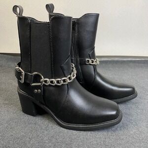 Pazzle Black Square Toe Chunky Heel Ankle‎ Boots Chain Detail Women's Sz 8.5 EUC